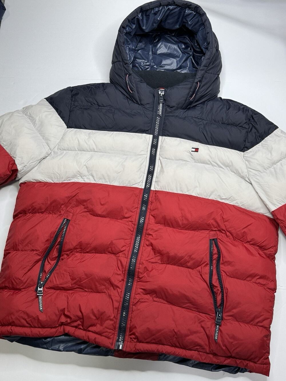 Tommy Hilfiger Mens 2XL Red White Blue Colorblock Packable Hooded Puffer Jacket